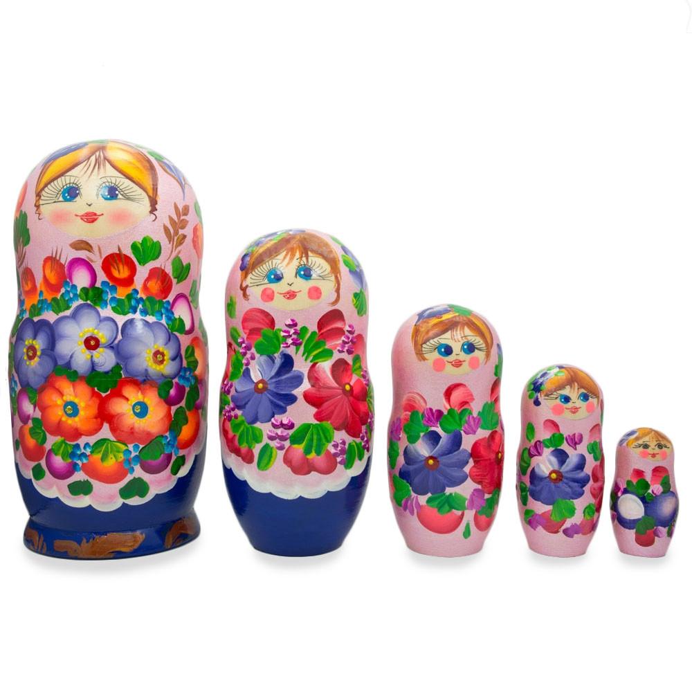 Flowers on Pink Dress Wooden Nesting Dolls 7.25 Inches