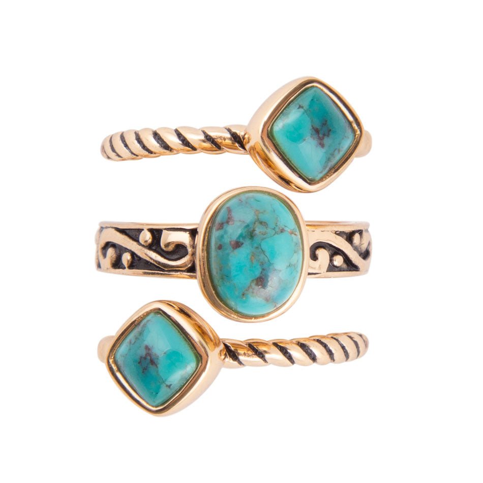 Multi-Shape Blue Turquoise and Golden Trio Ring Set Barse Jewelry
