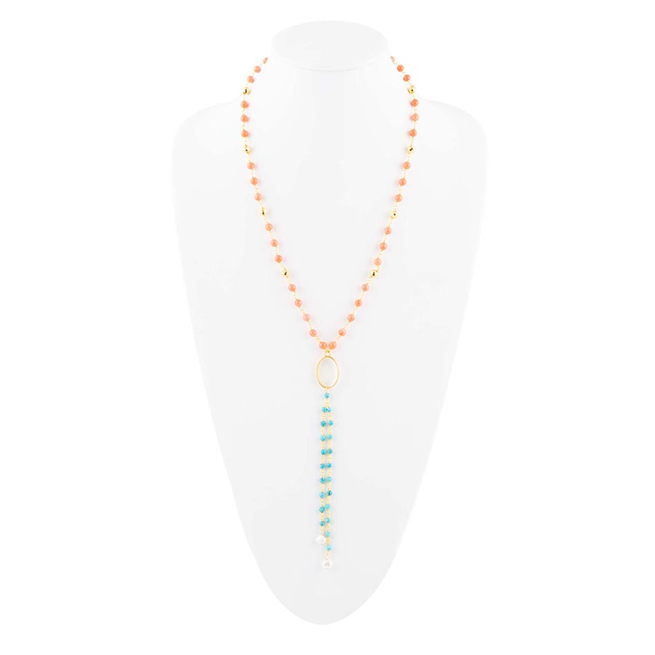 Multi Stone Orange Coral Golden Y-Neck Barse Jewelry