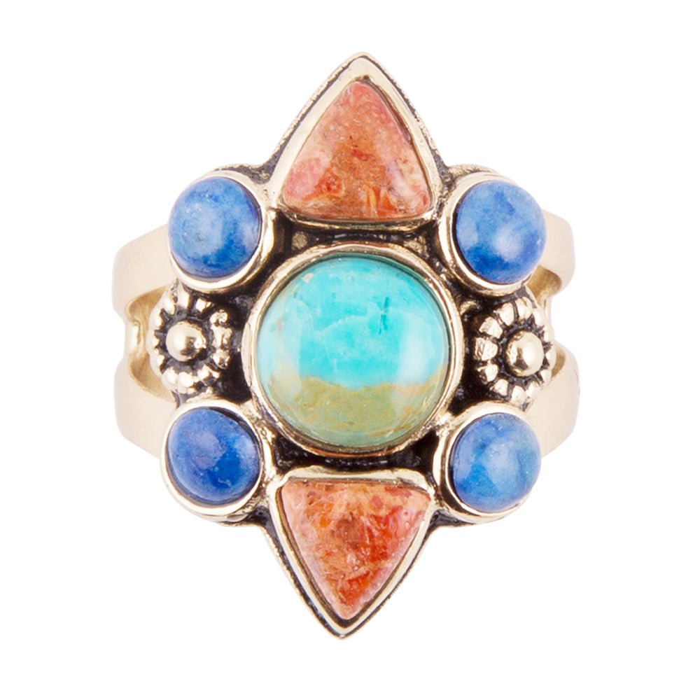Blue Turquoise and Colorful Multi-Stone Golden Statement Ring Barse Jewelry