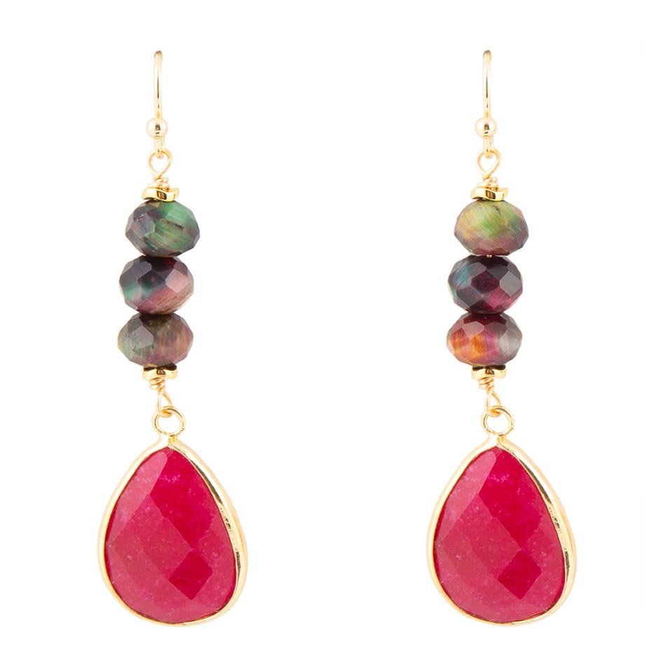 Jeweled Multicolor Tiger's Eye and Pink Agate Golden Drop Earrings Barse Jewelry