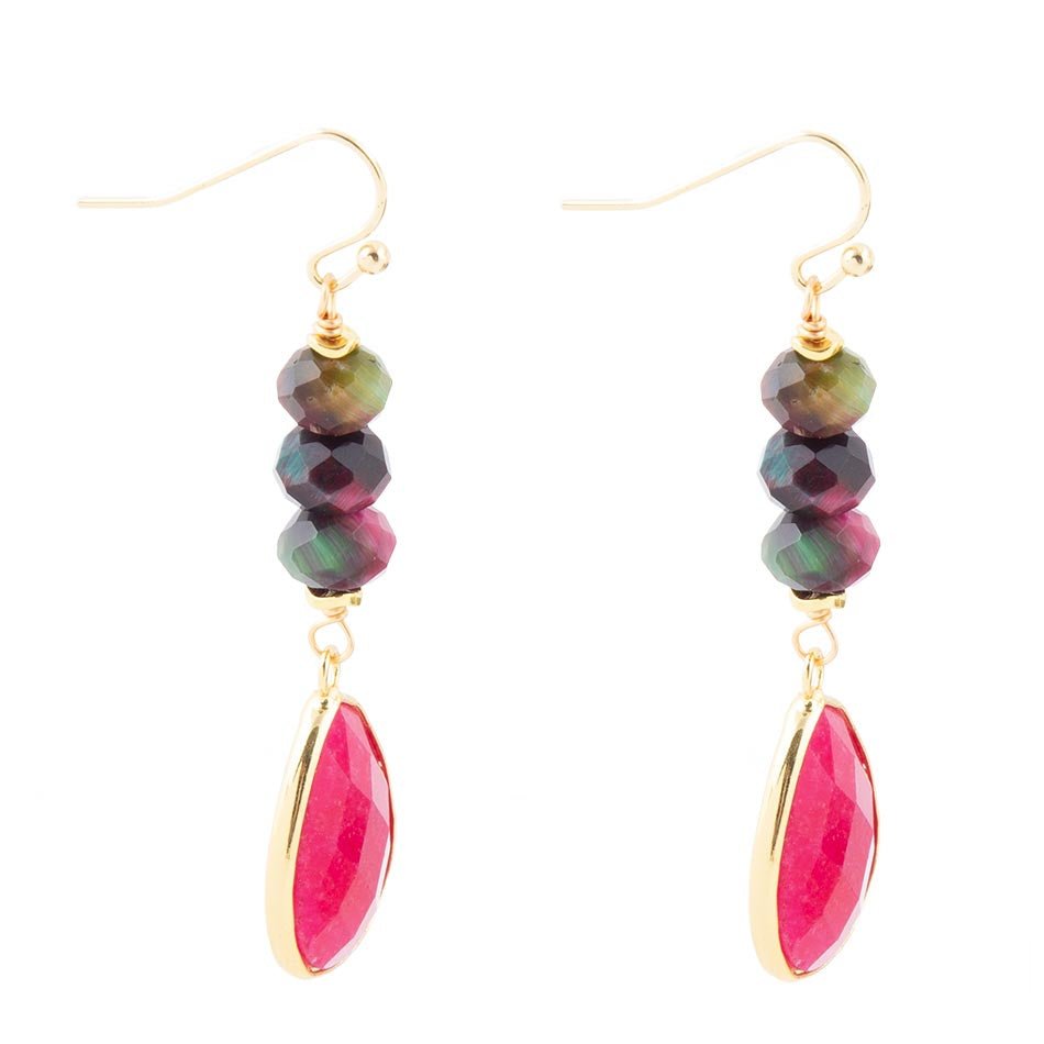 Jeweled Multicolor Tiger's Eye and Pink Agate Golden Drop Earrings Barse Jewelry