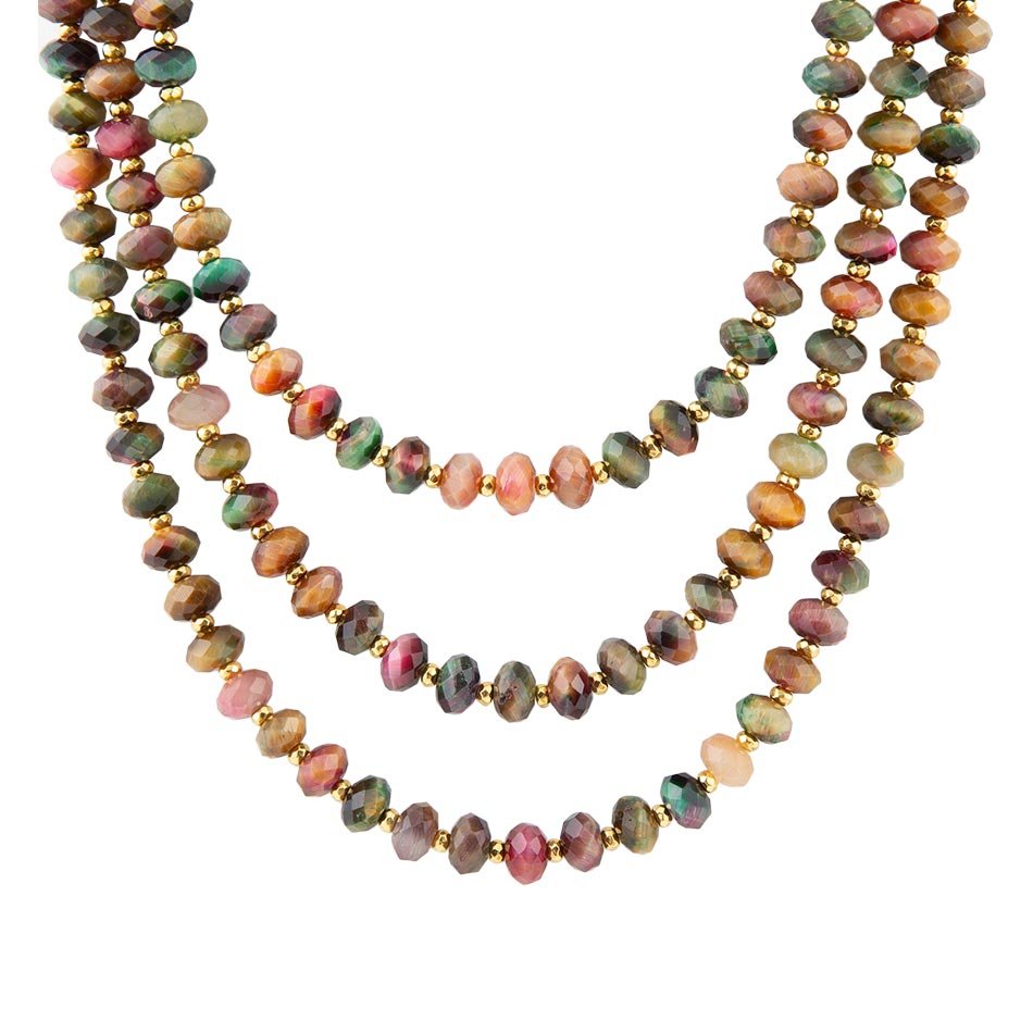 Jeweled Multi-Color Tiger's Eye Triple Strand Golden Necklace Barse Jewelry