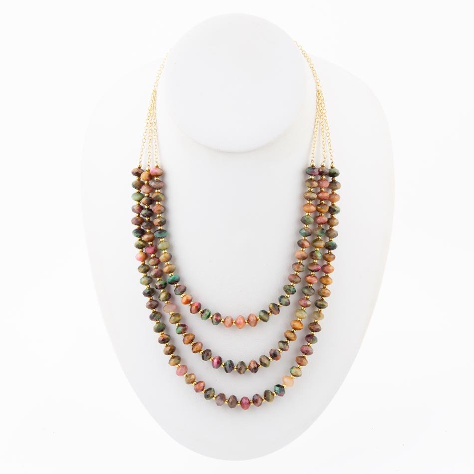Jeweled Multi-Color Tiger's Eye Triple Strand Golden Necklace Barse Jewelry