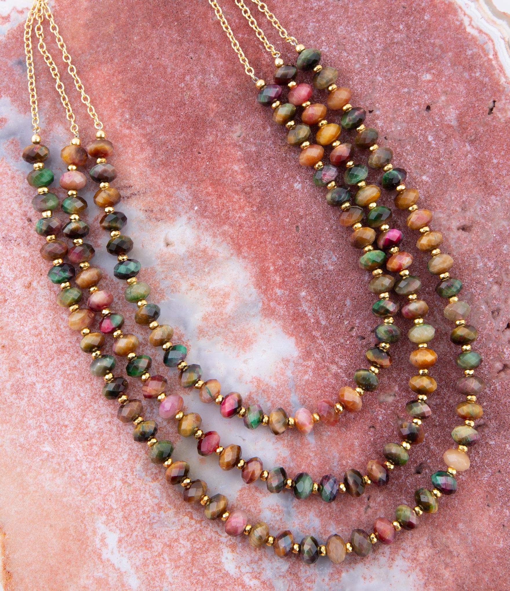 Jeweled Multi-Color Tiger's Eye Triple Strand Golden Necklace Barse Jewelry