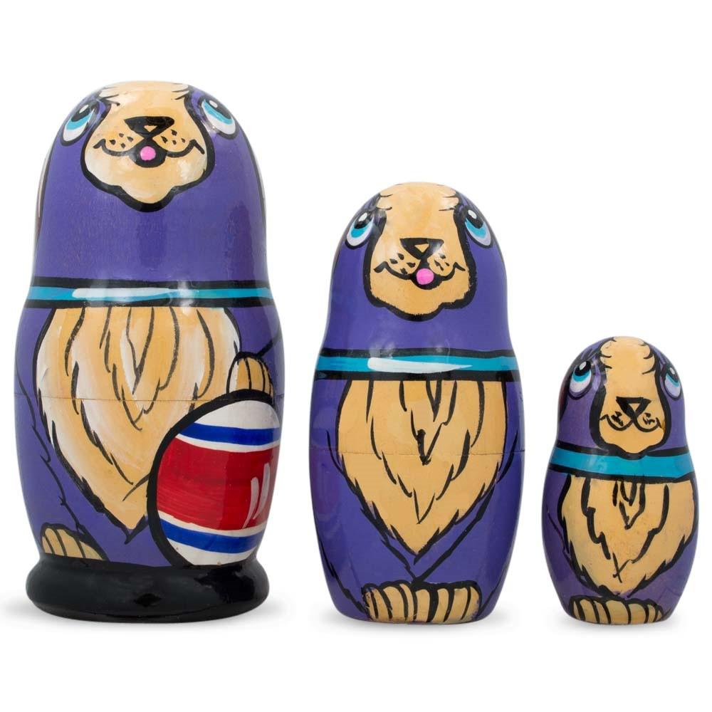 3 Smiling Dog w/Bone Collar Wooden Nesting Dolls 4.25 Inches