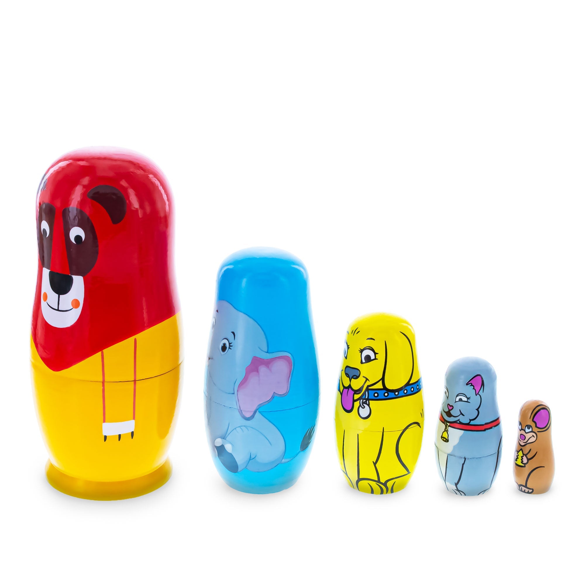 5 Animals Lion, Elephant, Dog & Cat Wooden Nesting Dolls 5.75 Inches