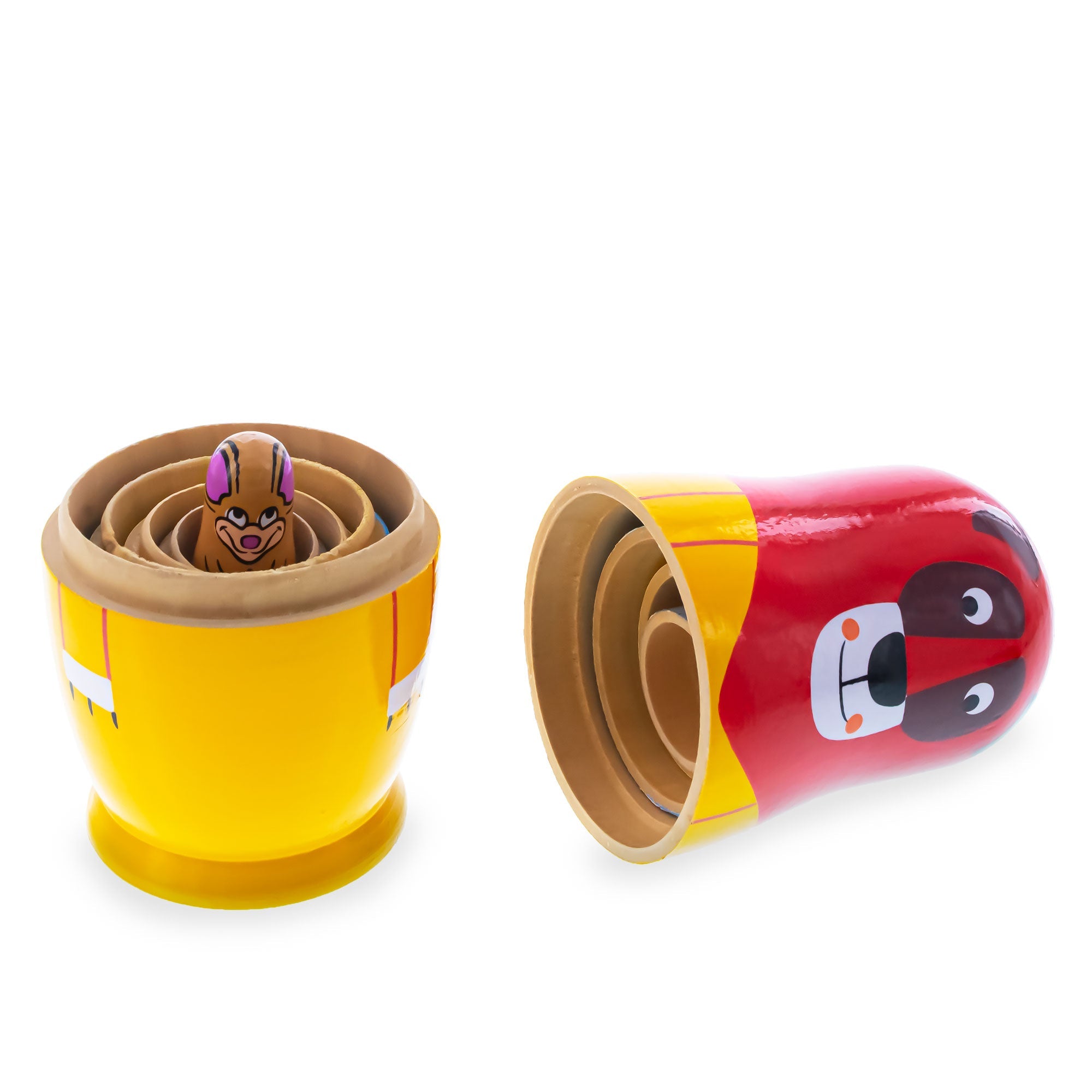 5 Animals Lion, Elephant, Dog & Cat Wooden Nesting Dolls 5.75 Inches