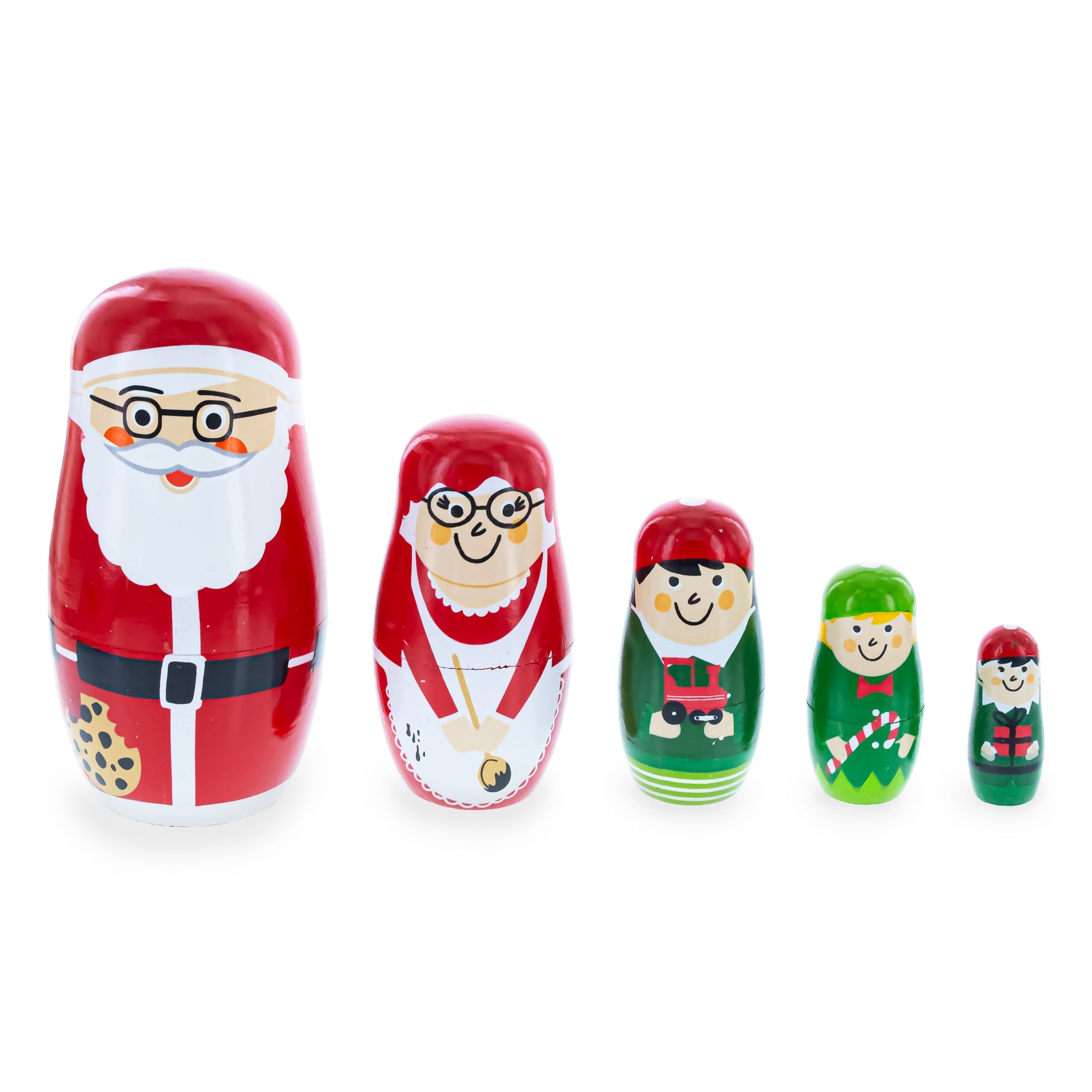 Set of 5 Santa, Mrs. Claus, Elf & Snowman Wooden Nesting Dolls 4.75 Inches