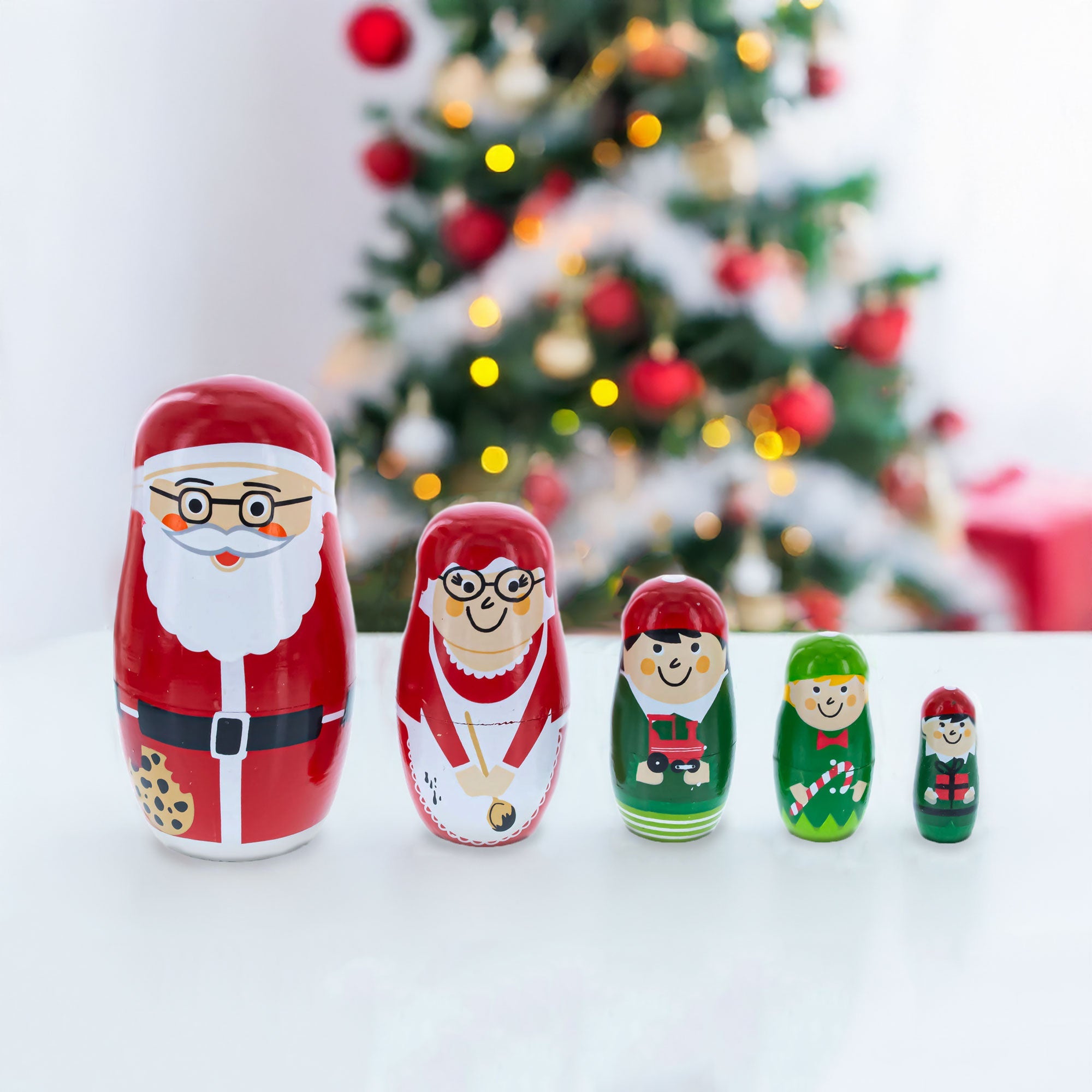 Set of 5 Santa, Mrs. Claus, Elf & Snowman Wooden Nesting Dolls 4.75 Inches