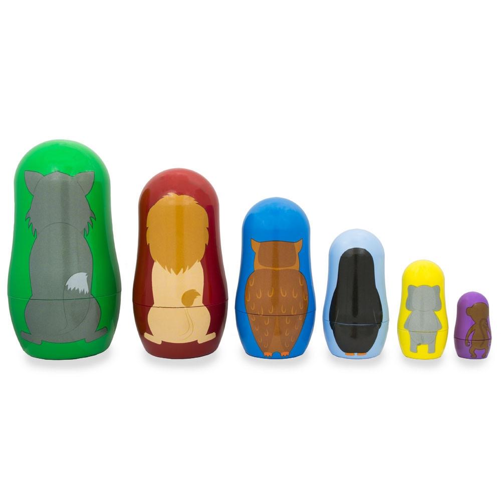 Set of 6 Wolf, Lion, Owl, Penguin Wild Animals Plastic Nesting Dolls 4.5 Inches BestPysanky