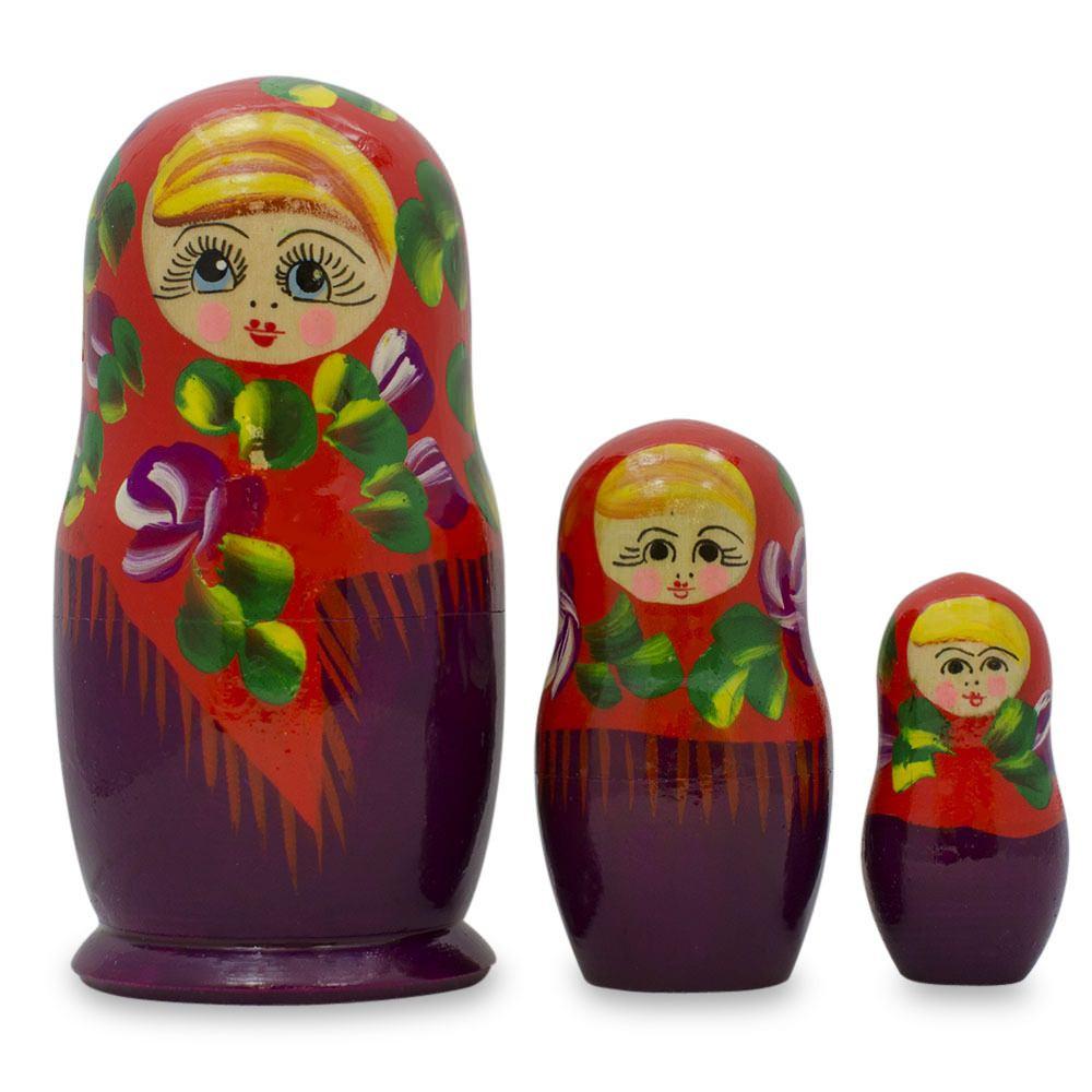 Set of 3 Deep Red Dress Wooden Nesting Dolls 3.5 Inches