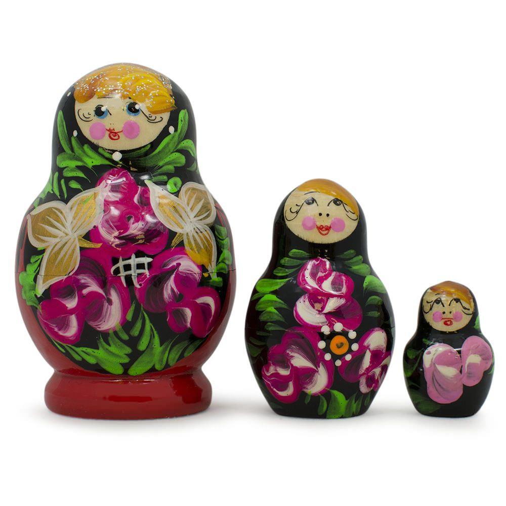 Set of Flowers on Black and Red Dress Nesting Dolls 3.5 Inches