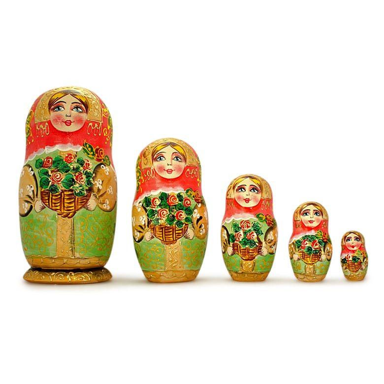 5 Girls with Basket Flowers Nesting Dolls 6.5 Inches