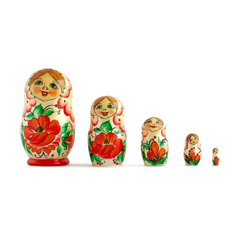 Set of 5 Red Poppy Flowers Dress Wooden Nesting Dolls 3.5 Inches BestPysanky