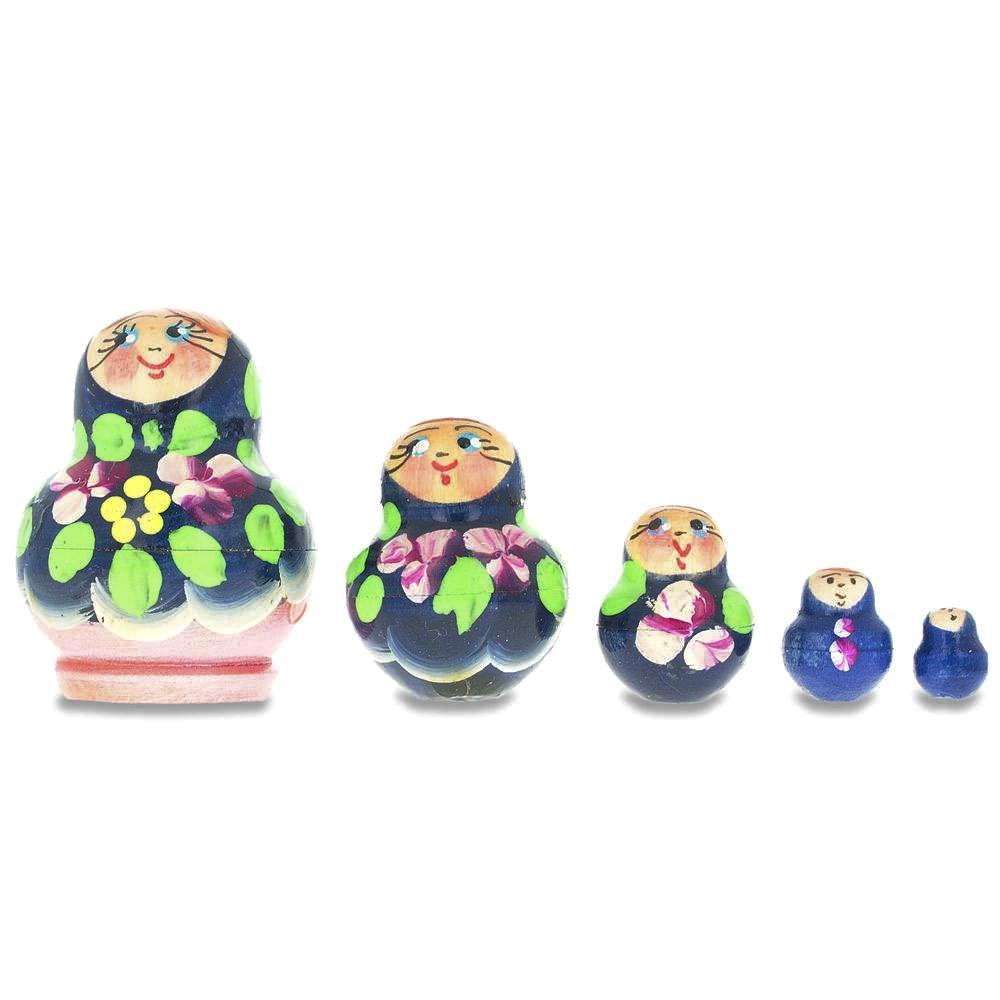 Set of 5 Miniature Blue Floral Nesting Dolls 1.75 Inches
