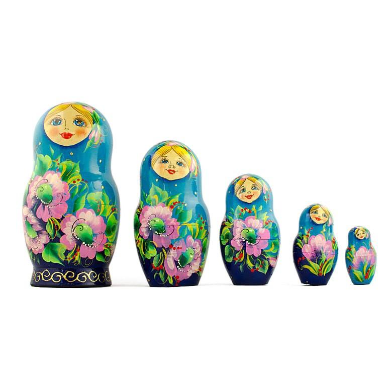 5 Turquoise Scarf with Poppy Flowers Nesting Dolls 7 Inches