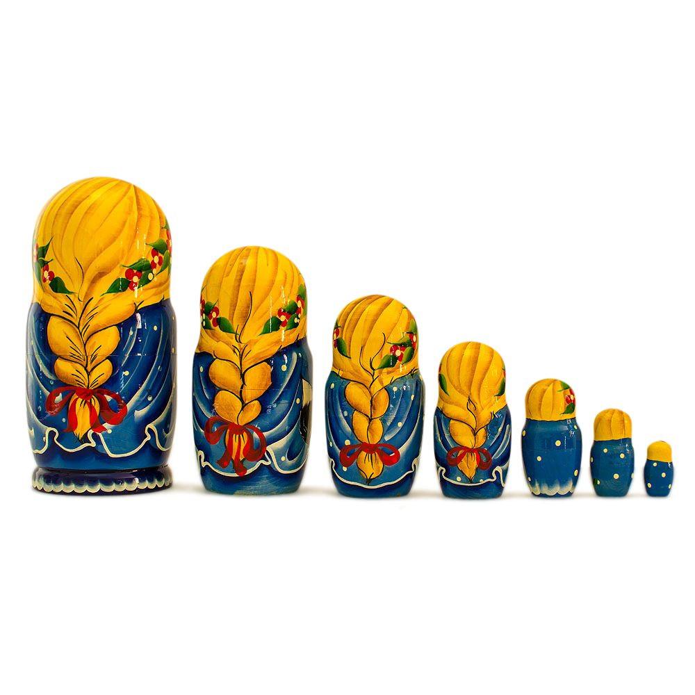 Set of 7 Girls with Cat in Blue Dress Nesting Dolls 8.5 Inches
