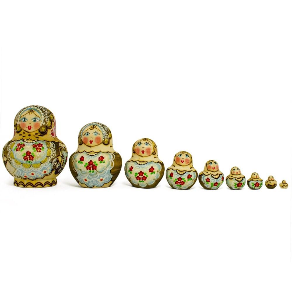 Set of 10 Pyrography Wood burned Nesting Dolls 5 Inches