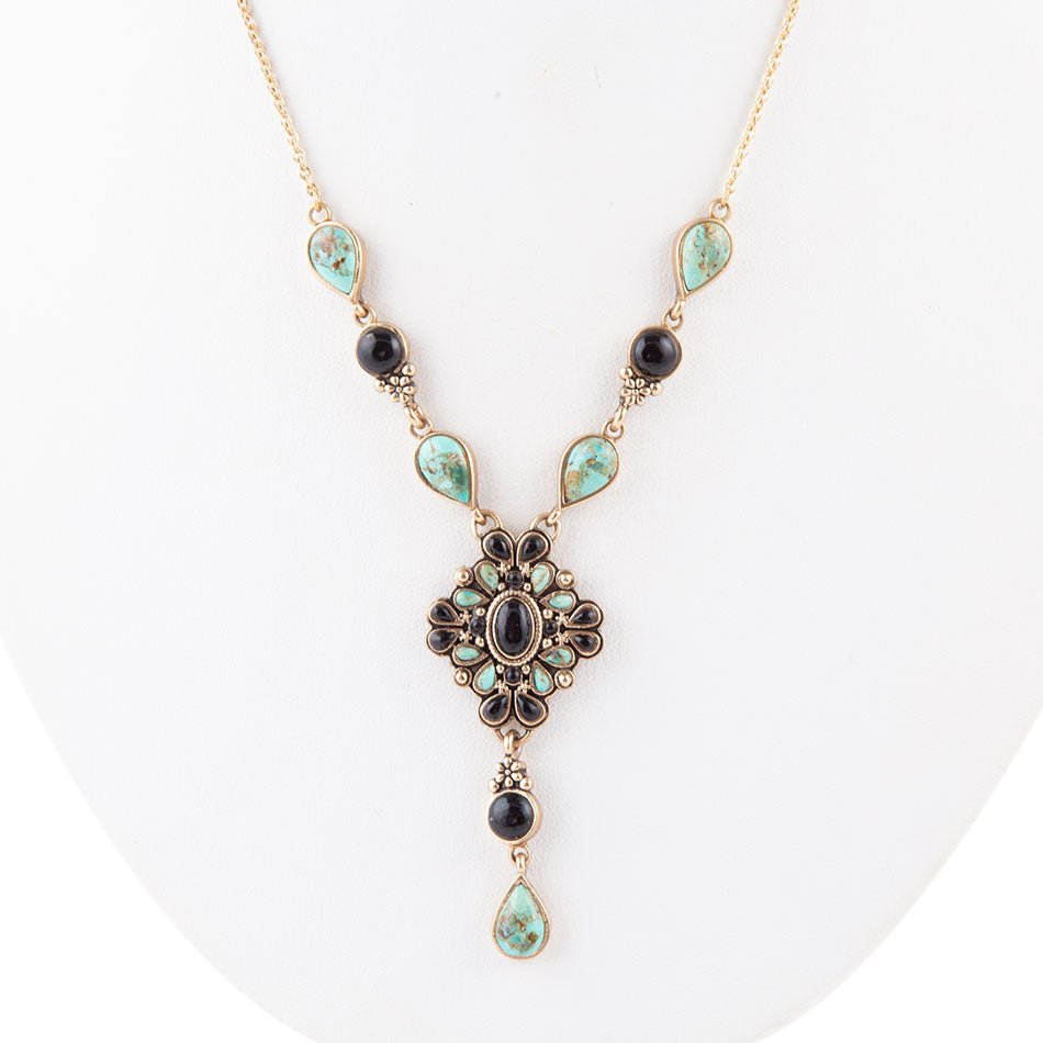 Barcelona Black Onyx and Blue Turquoise Golden Y-Necklace Barse Jewelry