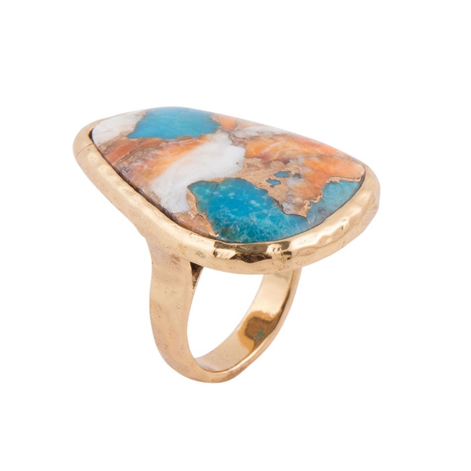 Orange Spiny Oyster and Blue Turquoise Matrix Abstract Golden Ring Barse Jewelry