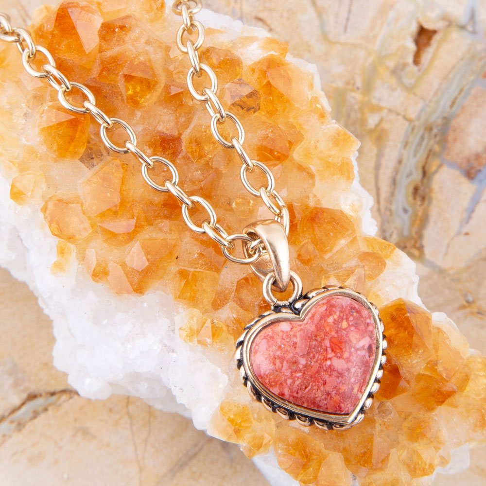 Orange Sponge Coral Heart Pendant and Golden Bronze Necklace Barse Jewelry