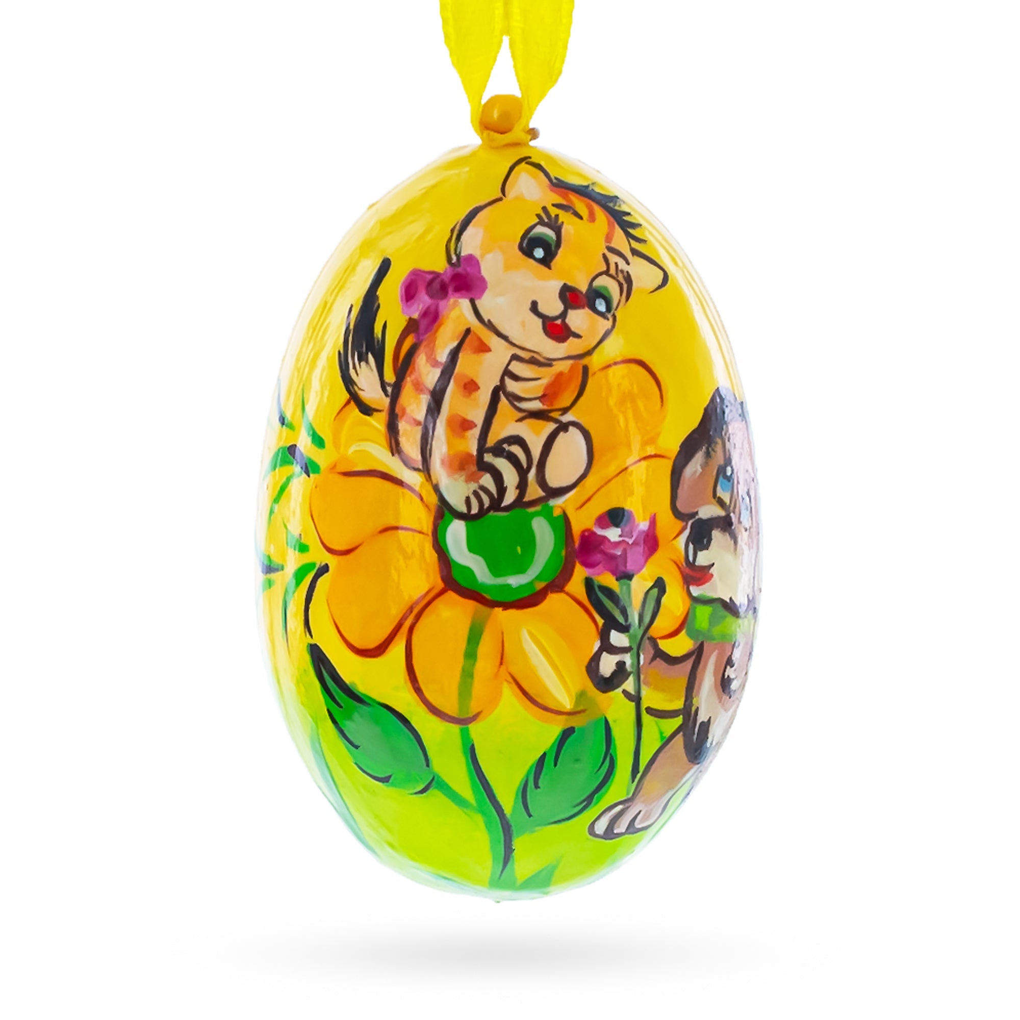 Dog and Cat with Flower Wooden Christmas Ornament 3 Inches BestPysanky