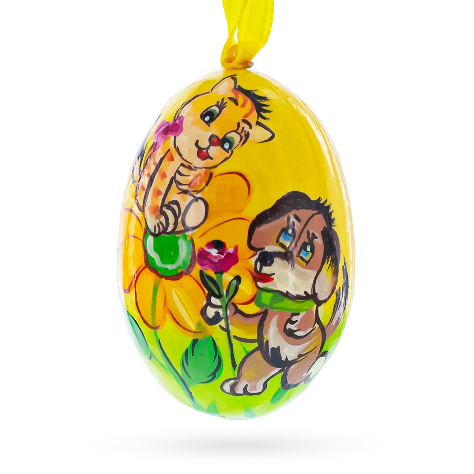 Dog and Cat with Flower Wooden Christmas Ornament 3 Inches BestPysanky