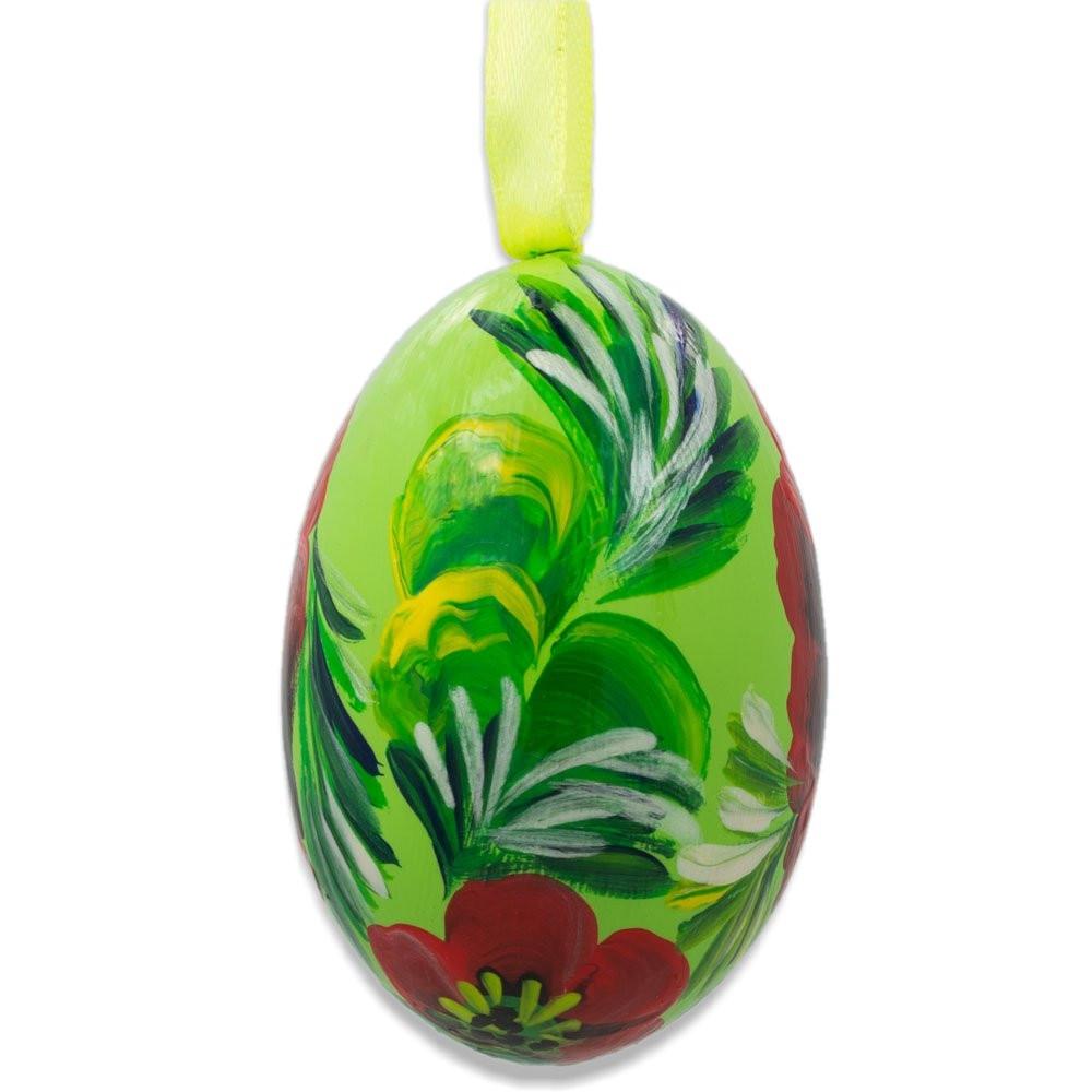 Red Flowers on Green Wooden Egg Easter Ornament 3 Inches BestPysanky