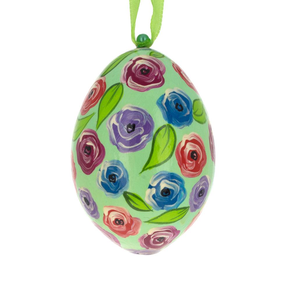 Blue, Red and Purple Flowers Wooden Egg Easter Ornament 3 Inches BestPysanky