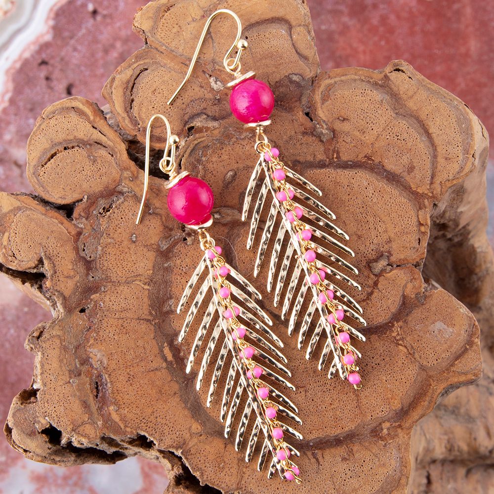 Peony Fuchsia Pink Jade Feather Drop Earrings Barse Jewelry