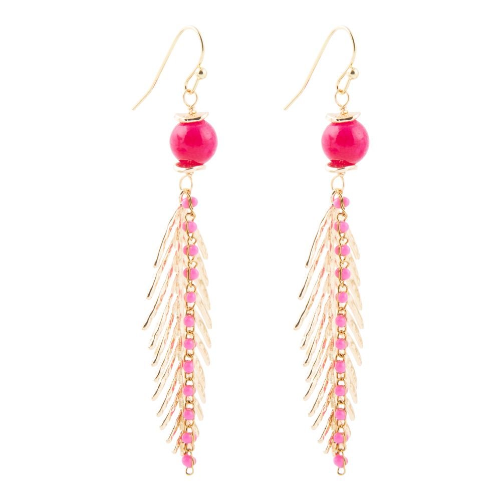 Peony Fuchsia Pink Jade Feather Drop Earrings Barse Jewelry