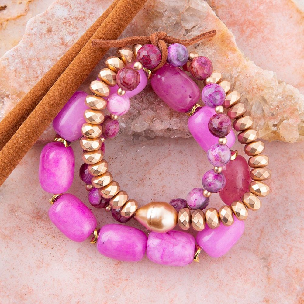 Peony Fuchsia Pink Jade Golden Stretch Bracelet Set Barse Jewelry
