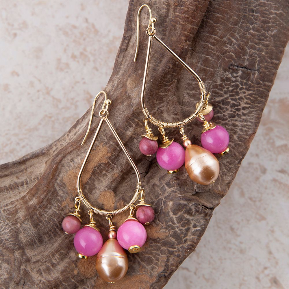 Peony Fuchsia Pink Jade Golden Drop Earrings Barse Jewelry