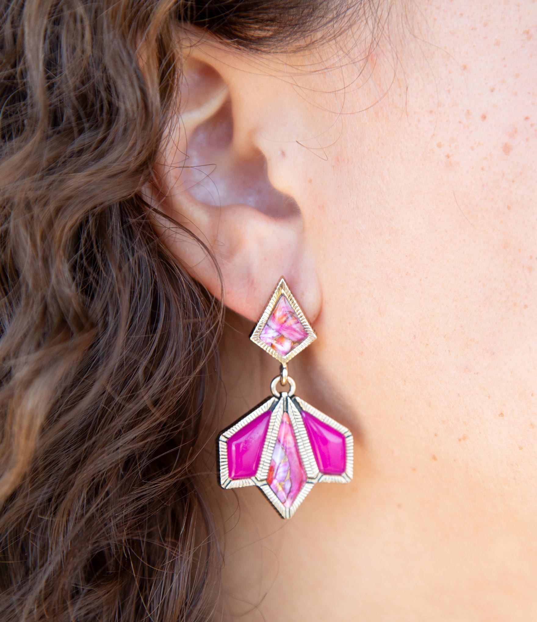 Pink Agate and Shell Matrix Golden Statement Earrings Barse Jewelry