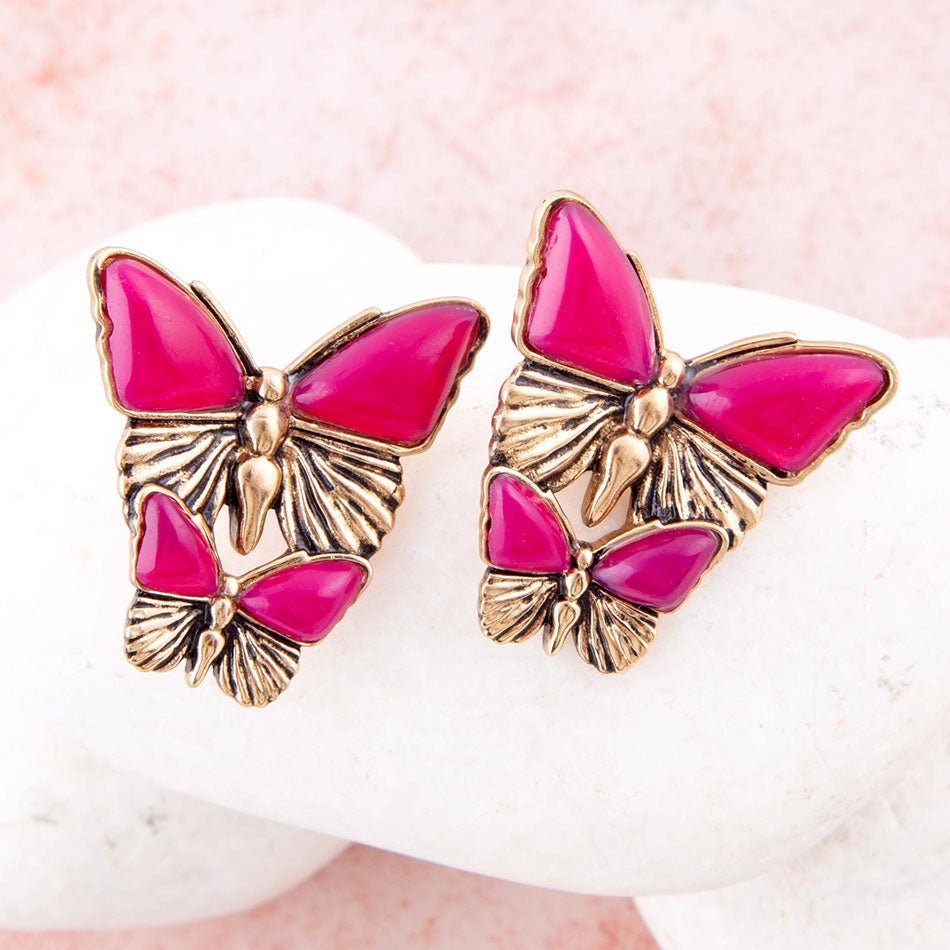 Pink Agate Golden Butterflies Post Earrings Barse Jewelry