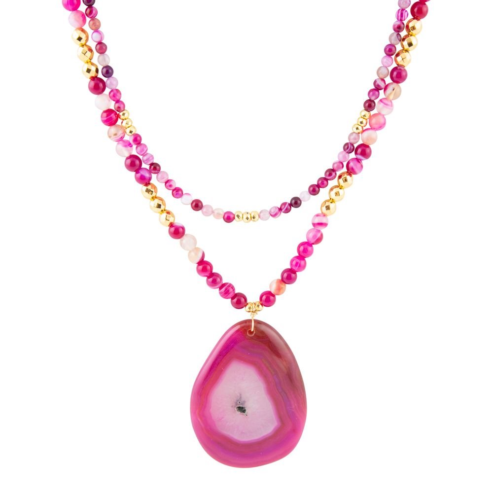 Pink Agate Golden Pendant Necklace Barse Jewelry
