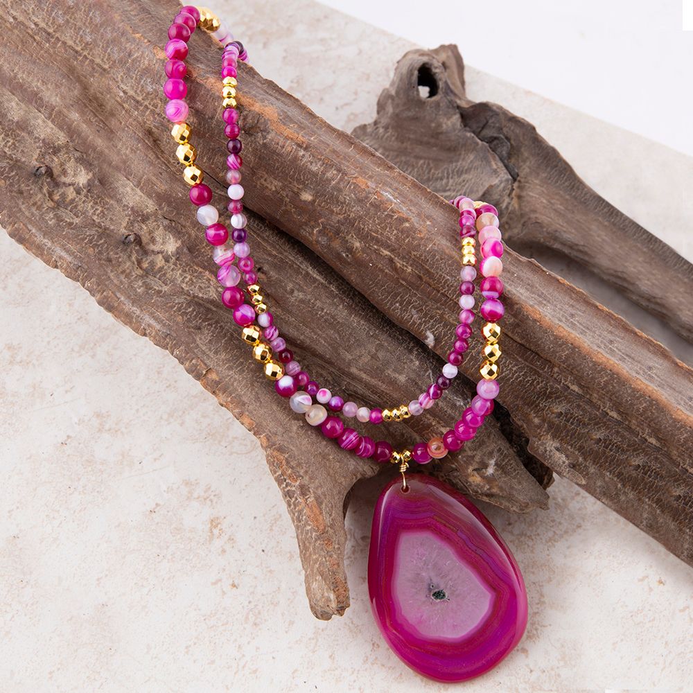 Pink Agate Golden Pendant Necklace Barse Jewelry