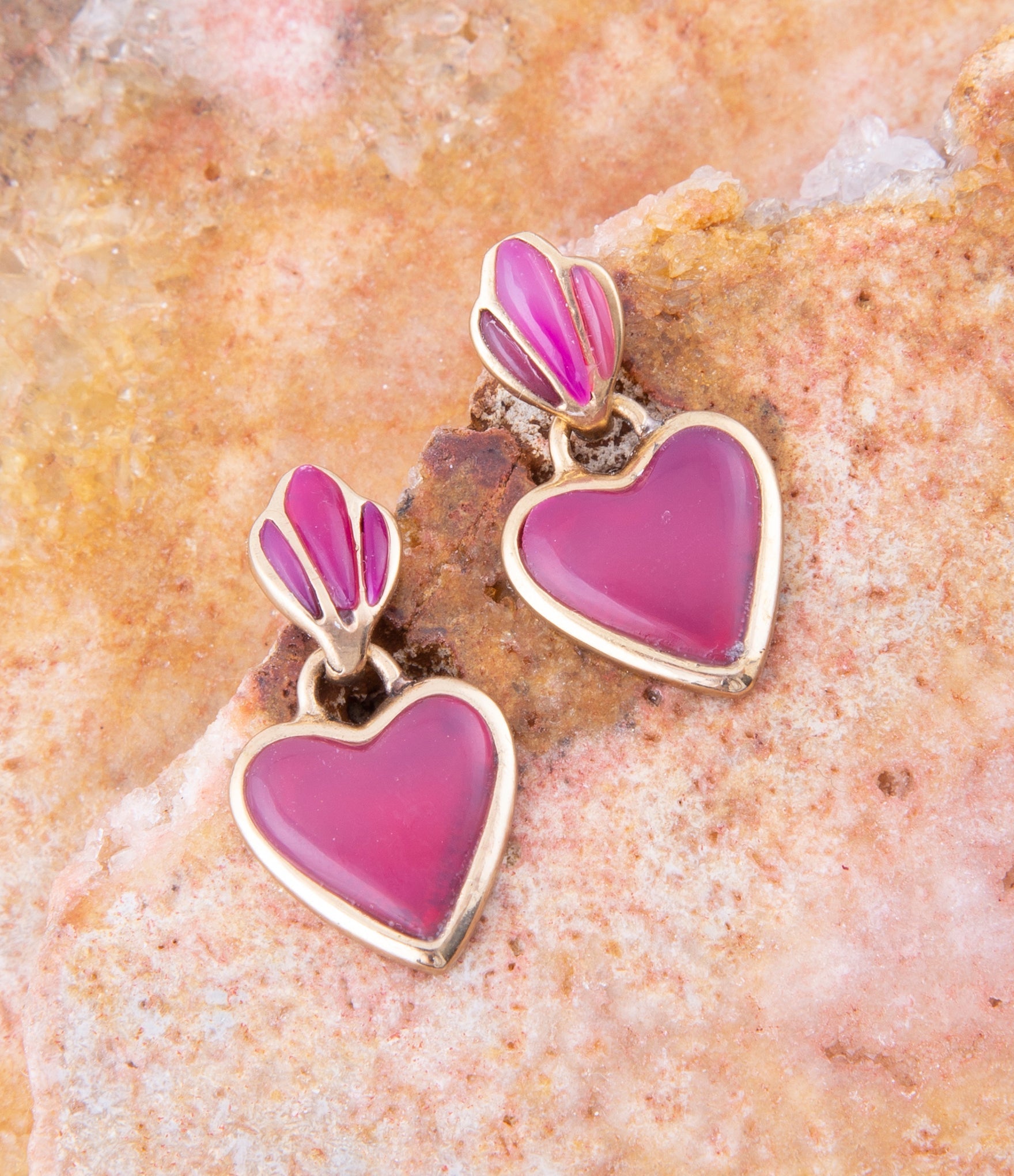 Pink Agate Heart Drop Golden Earrings Barse Jewelry