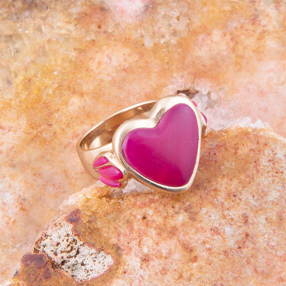 Pink Agate Heart Golden Statement Ring Barse Jewelry