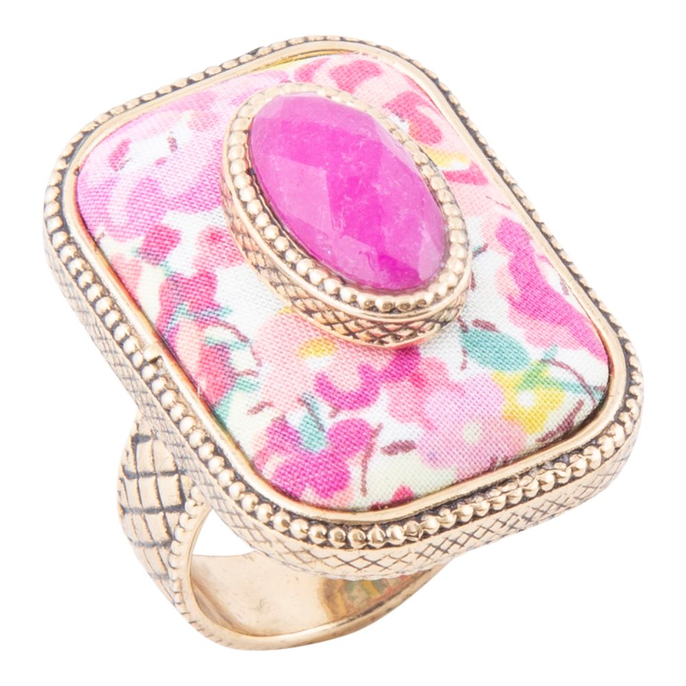 Pink Agate Stacked Stone Floral Golden Statement Ring Barse Jewelry