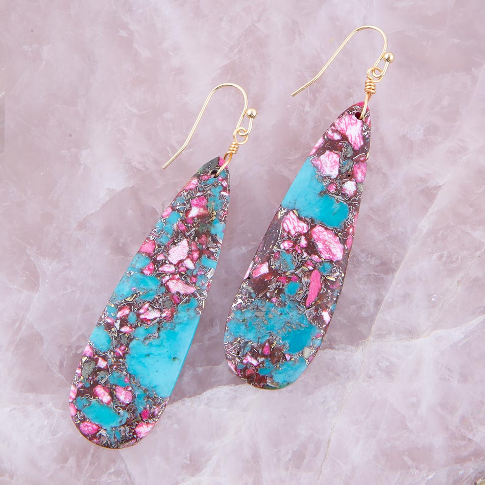 Pink and Blue Jasper Matrix Slab Golden Earrings Barse Jewelry