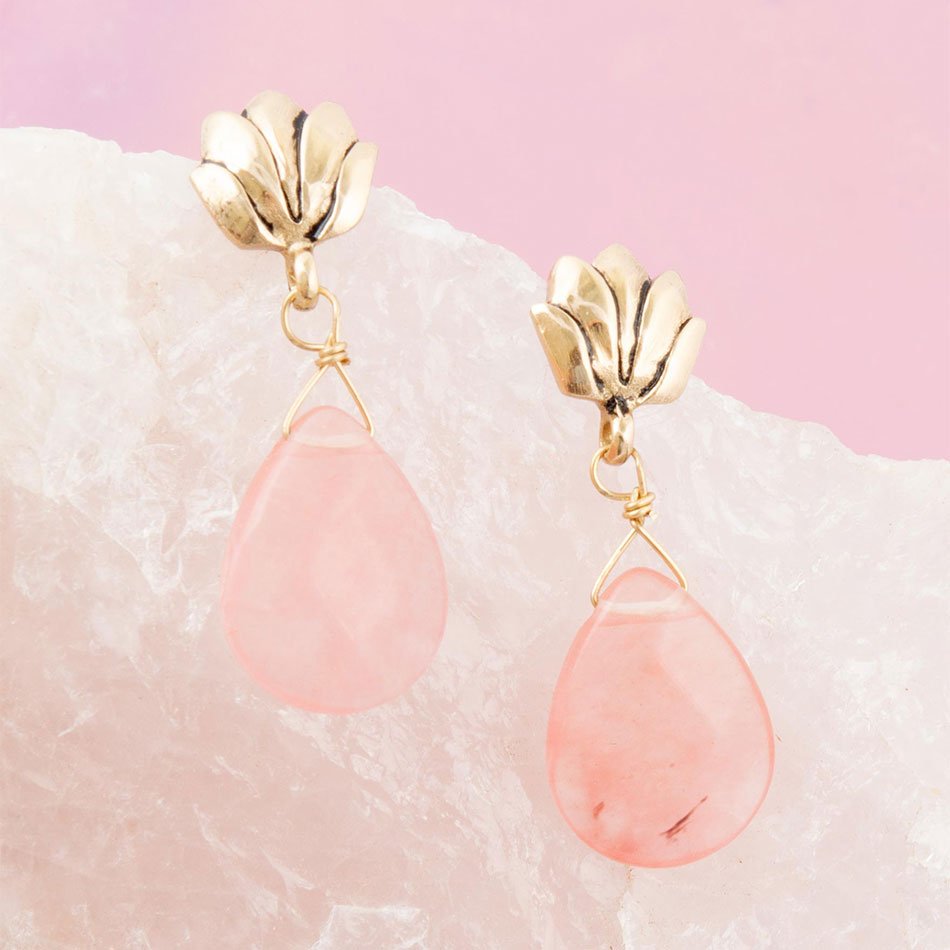 Pink Quartz Golden Lotus Drop Earrings Barse Jewelry