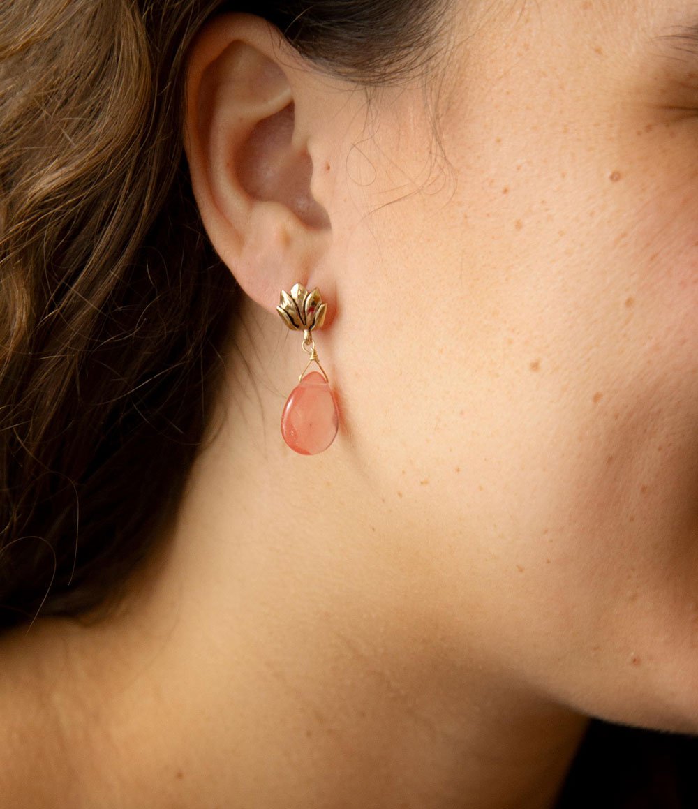 Pink Quartz Golden Lotus Drop Earrings Barse Jewelry