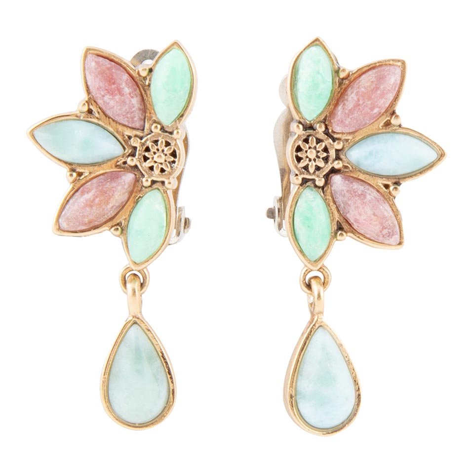 Pink Rhodonite Blue Amazonite and Varacite Petals Golden Clip Earrings Barse Jewelry