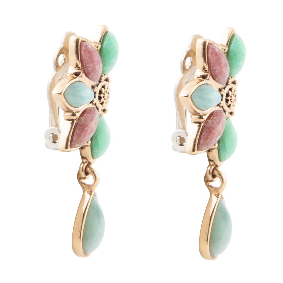 Pink Rhodonite Blue Amazonite and Varacite Petals Golden Clip Earrings Barse Jewelry