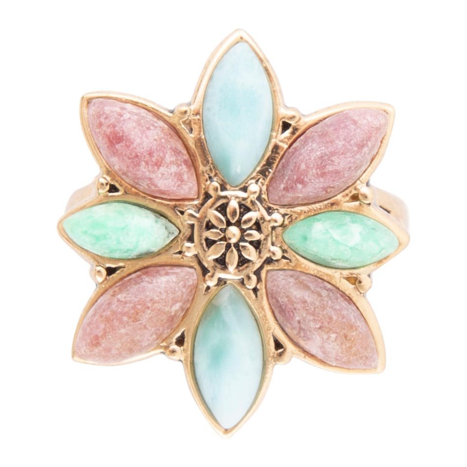 Pink Rhodonite Blue Amazonite and Green Varacite Petals Golden Statement Ring Barse Jewelry