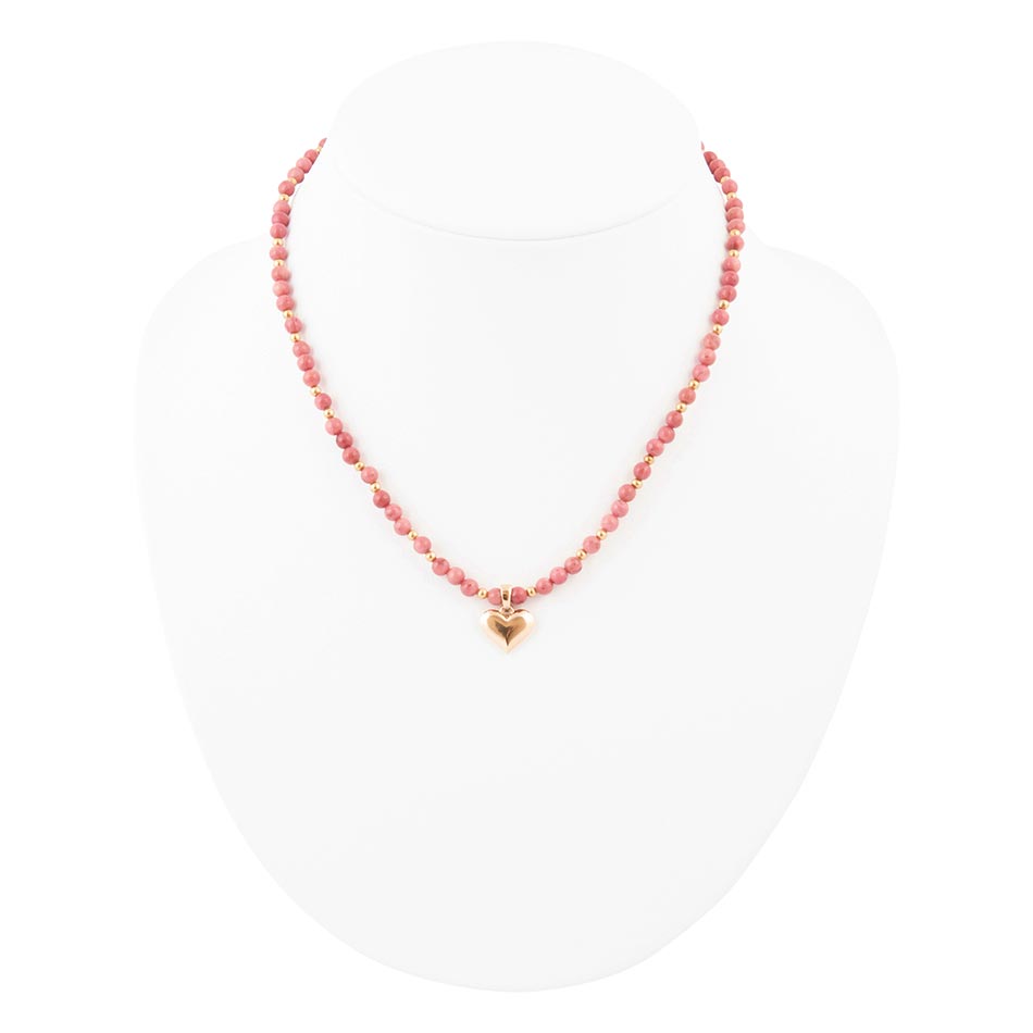 Pink Rhodonite and Golden Bronze Heart Pendant Necklace Barse Jewelry