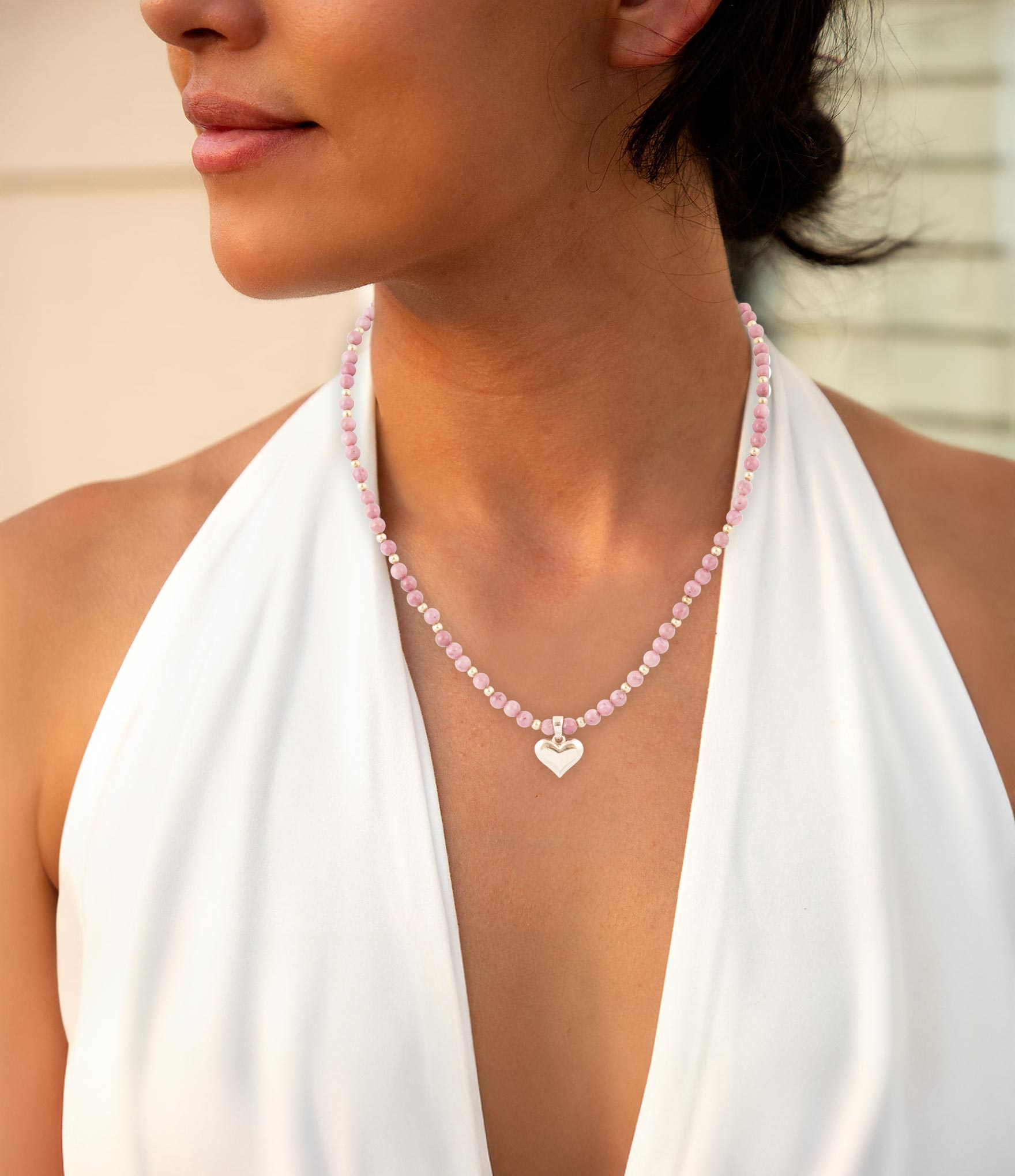 Pink Rhodonite and Golden Bronze Heart Pendant Necklace Barse Jewelry