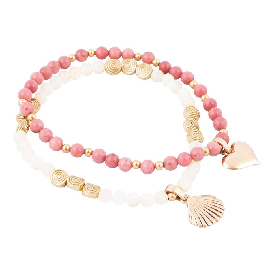 Pink Rhodonite and White Pearl Golden Heart Charm Bracelet Set Barse Jewelry
